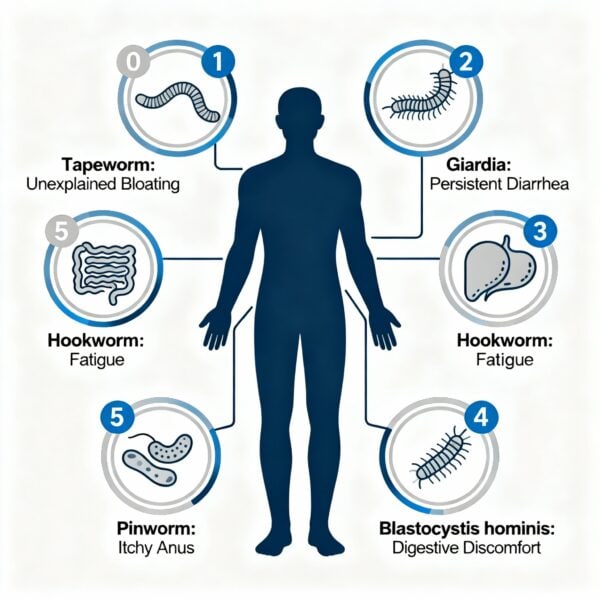 Educational parasite symptoms infographic showing tapeworm, giardia, hookworm, pinworm, and digestive discomfort signs