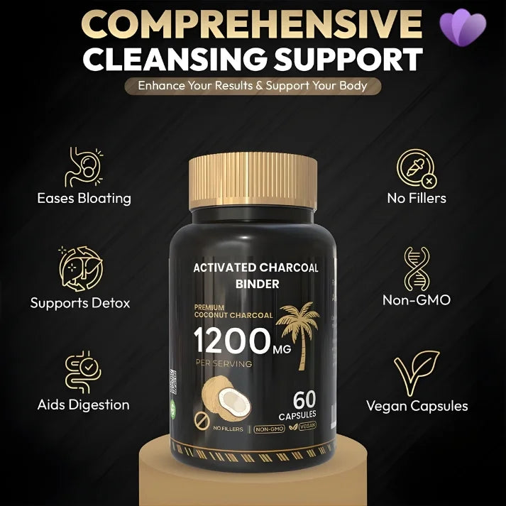 Activated Charcoal Binder 1200mg supplement for digestive support, detox support, bloating relief, and gut health
