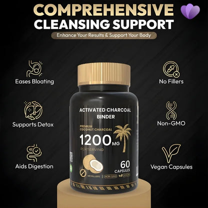 Activated Charcoal Binder 1200mg supplement for digestive support, detox support, bloating relief, and gut health