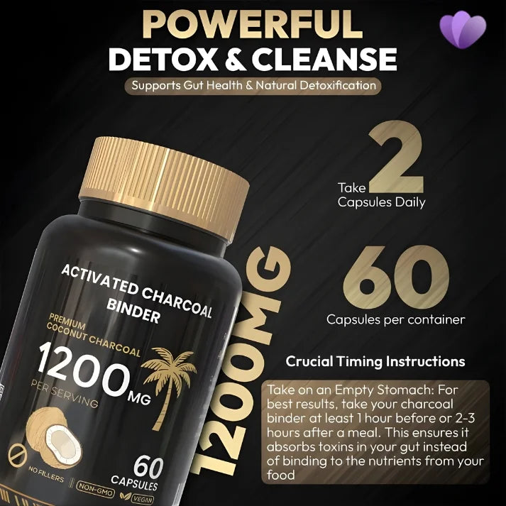 Activated Charcoal Binder 1200mg with 60 capsules for detox, gut health, and toxin binding support