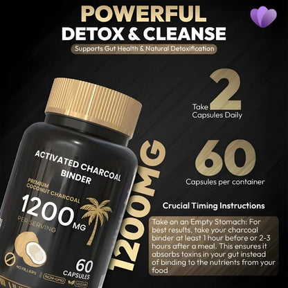 Activated Charcoal Binder 1200mg with 60 capsules for detox, gut health, and toxin binding support