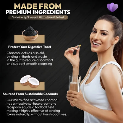 Activated charcoal binder made from premium coconut charcoal for digestive tract support and smooth cleansing