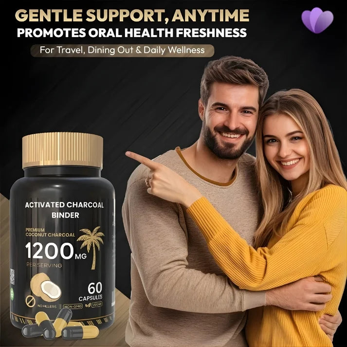 Charcoal binder supplement for travel dining and daily wellness