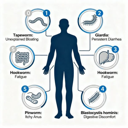 Educational parasite symptoms infographic showing tapeworm, giardia, hookworm, pinworm, and digestive discomfort signs