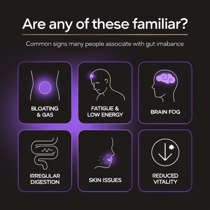 Infographic showing common signs associated with gut imbalance including bloating, fatigue, brain fog, and irregular digestion