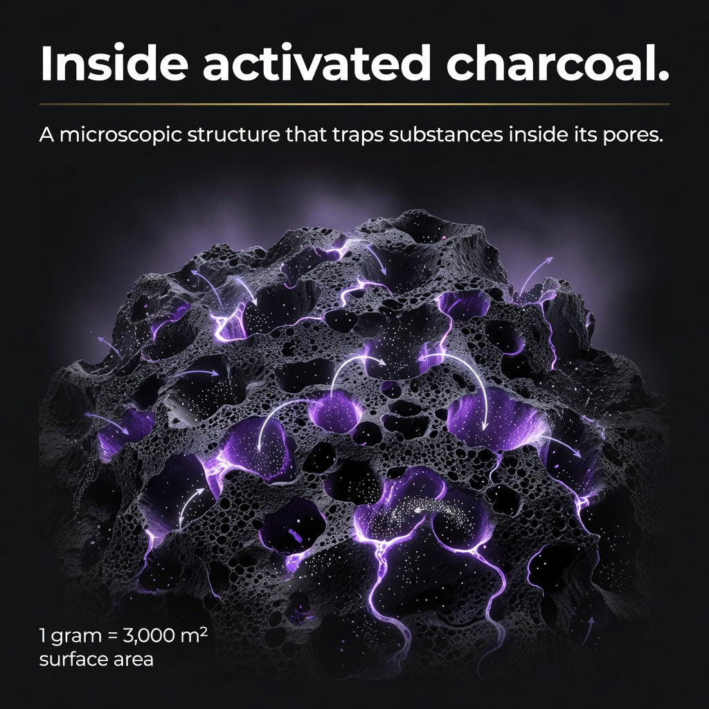 Microscopic activated charcoal structure showing porous surface area for binder support education