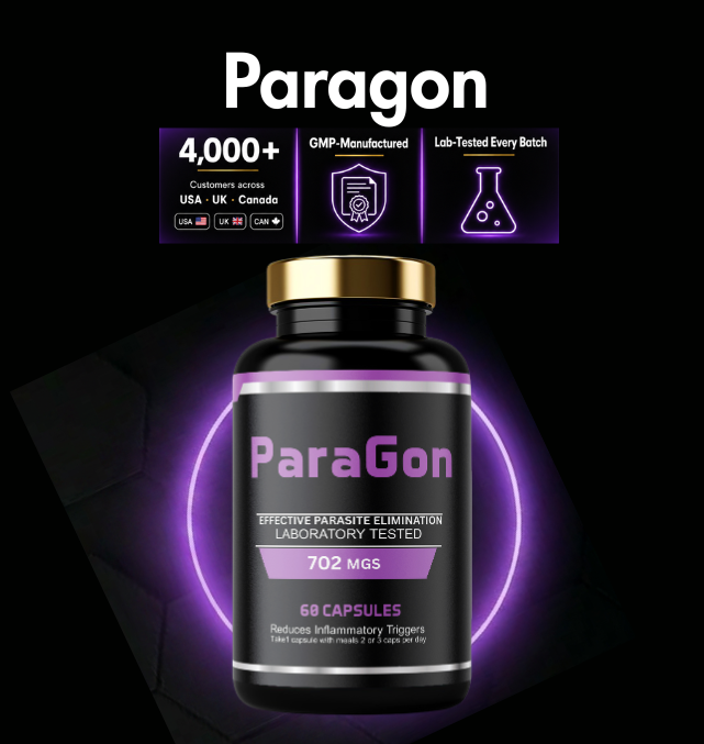 Paragon Cleanse supplement bottle with GMP manufacturing and lab-tested batch quality icons