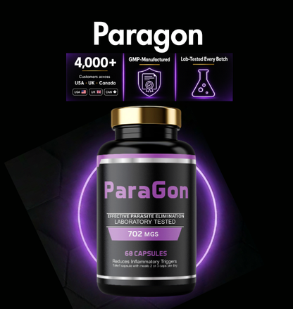 Paragon Cleanse supplement bottle with GMP manufacturing and lab-tested batch quality icons
