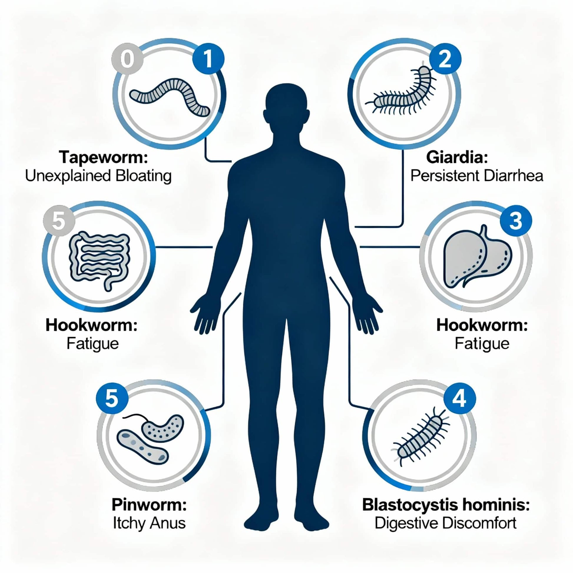 Parasite symptoms infographic showing bloating, fatigue, digestive discomfort, diarrhea, and itchy anus