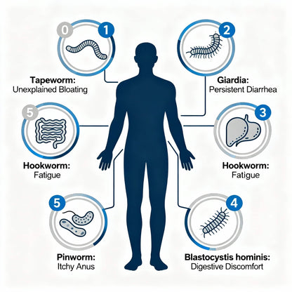 Parasite symptoms infographic showing bloating, fatigue, digestive discomfort, diarrhea, and itchy anus