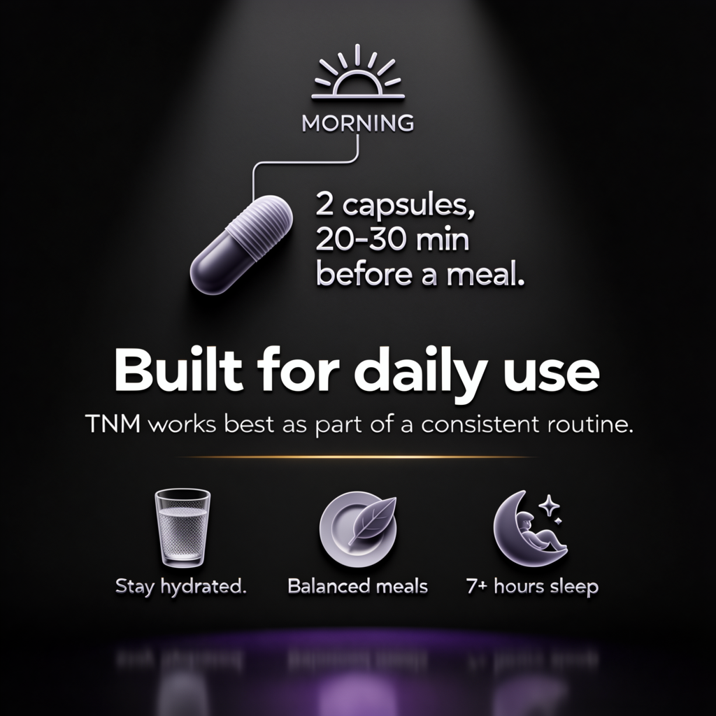 TNM Liver Support daily use instructions with hydration, balanced meals, and sleep support icons