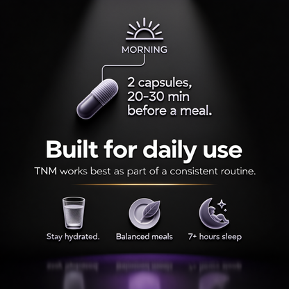 TNM Liver Support daily use instructions with hydration, balanced meals, and sleep support icons