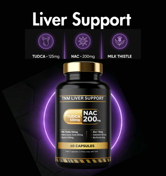 TNM Liver Support supplement bottle featuring TUDCA, NAC, and milk thistle for wellness support
