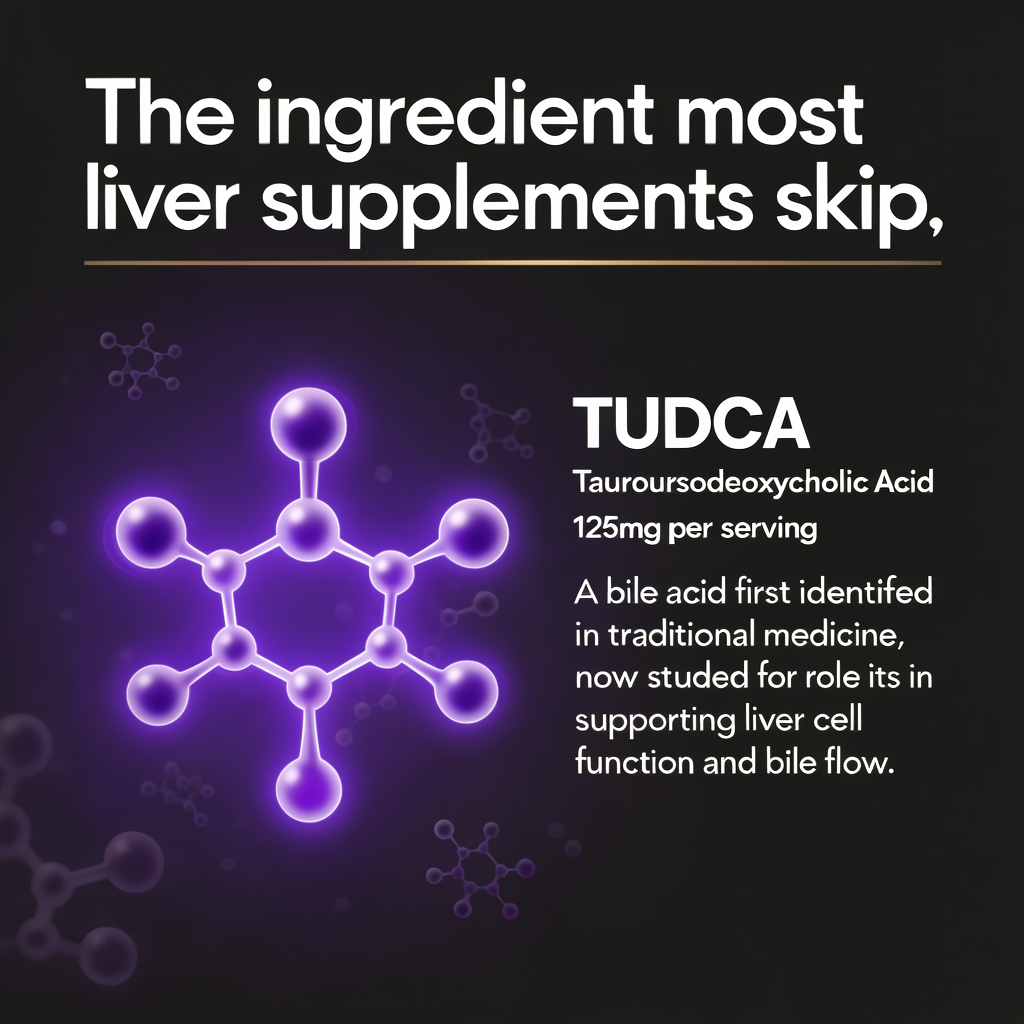 TUDCA liver support ingredient graphic showing bile flow and liver cell function support